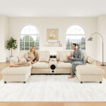 Canap� d'angle, canap� 4 - 6 places, modulable en velours c�tel� beige, en forme de u ou de l, avec enceinte ...