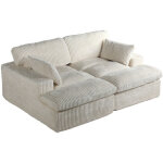 Canap� d'angle convertible 2 places blanc avec accoudoirs larges en velours c�tel�, mousse compress�e, ...