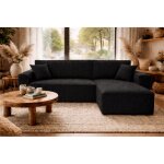 Canap� d?angle convertible r�versible, velours c�tel� noir, grand coffre de rangement, fonction couchage, ...
