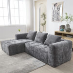 Canap� d'angle modulable 3 places avec m�ridienne et poches lat�rales, 3 coussins, en chenillegris