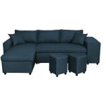 Usinestreet - canap d'angle rversible oslo avec coffre et poufs droit en tissu bleu