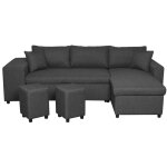 Canap� d'angle r�versible oslo avec coffre et poufs gauche - tissu gris fonc�