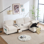 Canap� d?angle en velours c�tel� avec pouf coffre, mousse m�moire de forme, console coulissante avec ...