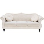 Canapé type chesterfield 3 places en velours beige avec dossier capitonné pour salon au style vintage ... Canapé type chesterfield 3 places en velours beige avec dossier capitonné pour salon au style vintage ...