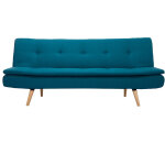 Canapé convertible scandinave 3 places en tissu bleu canard et bois clair senso Canapé convertible scandinave 3 places en tissu bleu canard et bois clair senso