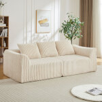 Canap� droit 3 places 235 cm, velours c�tel�, lignes courbes, 2 coussins, mousse, sans montage, beige ...