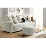 Bobochic - canap� droit convertible coffre envy tissu bouclette doux avec pouf rond blanc