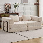 Canap� - lit convertible 200 cm velours c�tel� ? 2 porte - gobelets, 2 coussins?blanc