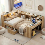 Canap� - lit enfant 90x200cm - avec led et port usb - avec bureau, 1 tiroir et des �tag�res - mdf - naturel ...