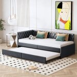 Canap� - lit gigogne 90 / 180x200 cm, lit capitonn� canap� 2 places avec dossier rembourr� et accoudoirs, ...