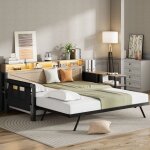 Canap� - lit, m�tal, lit simple 90x200 cm, lit gigogne r�glable, placard de rangement, 3 tiroirs, compartiment ...