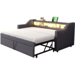 Canap� - lit rembourr� tissu gris fonc� 90 / 180x190 cm, lit gigogne extensible, led + usb, sommier � ...