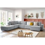 Bobochic - canap� d'angle fixe modulable xl nihad tissu velours c�tel� avec pouf angle droit gris clair ...