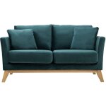 Canap scandinave dhoussable 2 places en tissu velours bleu ptrole et bois clair oslo