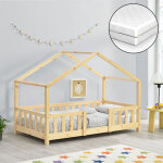 Lit cabane enfant treviolo en bois de pin naturel 80x160 avec barri�re de protection et matelas [en. ...