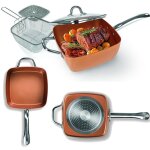 Casserole carre 4 en 1, four et friteuse avec couvercle en verre