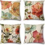 Ccykxa fleurs color� housse coussin en lin lot de 4 d�coratif fleuri moderne housses coussin 45x45 motif ...