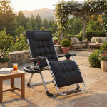 Chaise longue pliante avec coussin amovible, transat de jardin en acier, avec tablette et pochette, noir ...