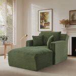 Chaiselongue convertible en velours c�tel� vert, fauteuil relax / lit banquette, sans montage, pour salon ...
