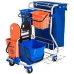 Chariot d'atelier - mobilier - de - nettoyage - 4 - seaux - avec - roues - systeme - compact - bleu - ...