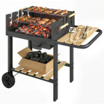 Chariot � barbecue de bois - outsunny - 2 grilles r�glables - tablette lat�rale, �tag�re inf�rieure - ...