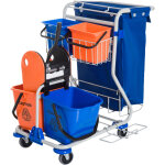Chariot de nettoyage avec 4 seaux mobiles, chariot � roulettes, bleu / orange 100 x 70 x 103 cm