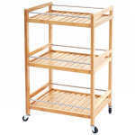 Chariot roulant hwc - d91, �tag�re � roulettes, biblioth�que, desserte, 3 niveaux, bambou 76x46x38cm