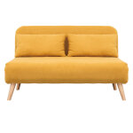 Chauffeuse 2 places convertible en tissu effet velours moutarde et bois clair amiko