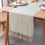 Chemin de table en lin rustique avec pompon fait � la main, style ferme, 183 cm de long, pour d�coration ...