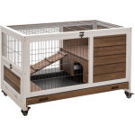 Clapier � lapin sur roulettes 2 �tages porte verrouillable toit ouvrant plateau coulissant rampe marron ...