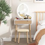 Coiffeuse avec led miroir et rangement, table de maquillage et tabouret, miroir rond blanc + 2 tiroirs ...