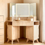 Coiffeuse miroir led style flut� 48  grande coiffeuse d'angle avec plateau en verre, station de charge, ...