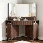 Coiffeuse miroir led style flut� 48  grande coiffeuse d'angle avec plateau en verre, station de charge, ...