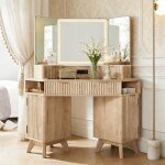 Coiffeuse miroir led style flut� 48  grande coiffeuse d'angle avec plateau en verre, station de charge, ...