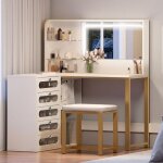 Coiffeuse avec miroir et tabouret, led, 5 tiroirs, 2 compartiments, 2 �tag�res, 120 x 80 x 135 cm, style ...