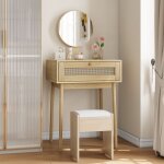 Coiffeuse moderne 1 tiroirs en rotin 60x50x128cm table de maquillage avec miroir petite - sans tabouret ...
