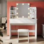 Coiffeuse sonni blanc avec miroir et tabouret, avec lampe � miroir led, 3 modes d'�clairage et 10 luminosit�s, ...