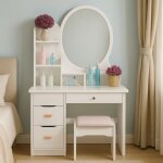 Coiffeuse et table de maquillage pour chambre avec tabouret miroir rond babette
