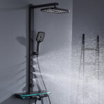 Colonne de douche noir thermostatique 38�c, kit de douche haut r�glable en laiton avec cascade, 4 jets ...