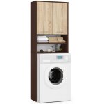 Abamihome - meuble pour machine  laver fin weng 64 cm 2 portes faade chne sonoma niche 4 tagres ...