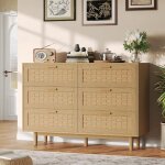 Commode 100 x 34 x 73 cm � 6 tiroirs avec rangement en rotin naturel et style boh�me - ch�ne et bois ...