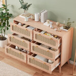 Commode 100x34x73 cm, avec 6 tiroirs en rotin tress�, poign�es dor�es, structure en bois massif, mdf, ...