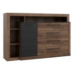 Commode 4 tiroirs 1 porte décor chêne foncé et noir - riviera Commode 4 tiroirs 1 porte décor chêne foncé et noir - riviera