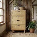 Commode 4 tiroirs, aspect rotin tress�, pieds bois massif, grande capacit�, id�ale pour chambres, salons, ...