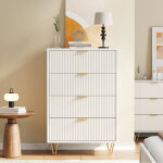 Commode 4 tiroirs style contemporain, poign�es et pieds en m�tal dor�, 91 x 34 x 60 cm, blanc, pour chambre ...