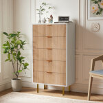 Commode 5 tiroirs, meuble de rangement, buffet salon en bois, poign�es et pieds en m�tal, meuble de couloir, ...