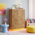 Commode avec 5 tiroirs, meuble de rangement avec �clairage led intelligent ? aspect bois, grande capacit� ...