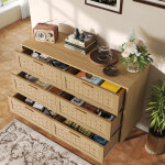 Commode 6 tiroirs en bois avec design tress�, anti - basculement, pour salon et chambre, commode en rotin ...