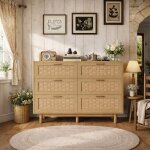 Commode 6 tiroirs chambre, meuble de rangement style boh�me avec conception anti - basculement et cadre ...
