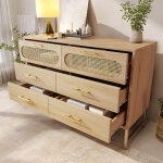 Commode avec 6 tiroirs, fa�ades aspect rotin, poign�es m�tal, pieds r�glables, style naturel, en mdf, ...
